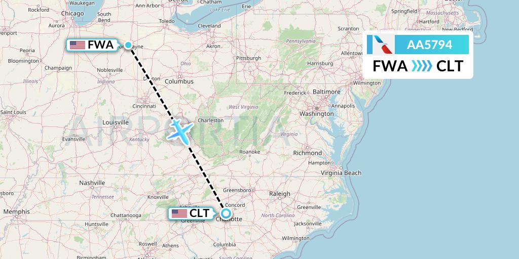 AA5794 American Airlines Flight Map: Fort Wayne to Charlotte