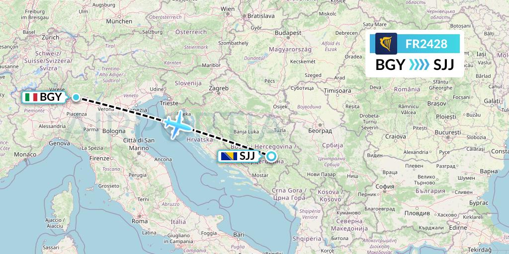 FR2428 Ryanair Flight Map: Milan to Sarajevo