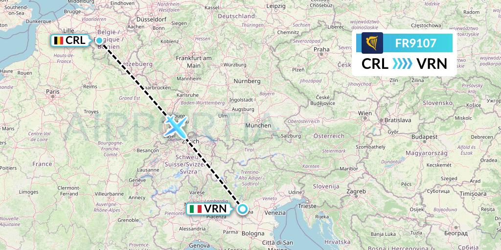 FR9107 Ryanair Flight Map: Brussels to Verona