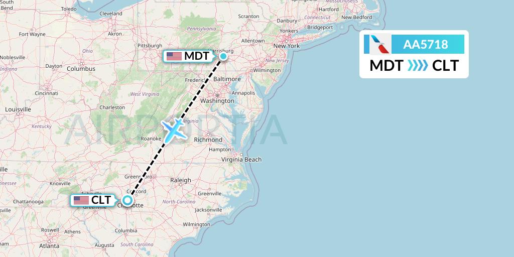 AA5718 American Airlines Flight Map: Harrisburg to Charlotte