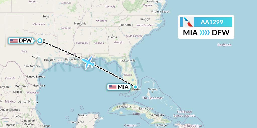 AA1299 American Airlines Flight Map: Miami to Dallas