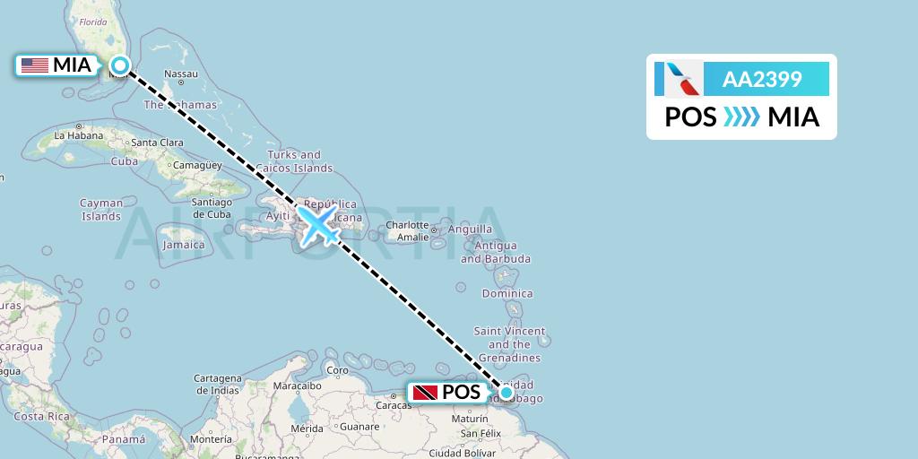 AA2399 American Airlines Flight Map: Port of Spain to Miami