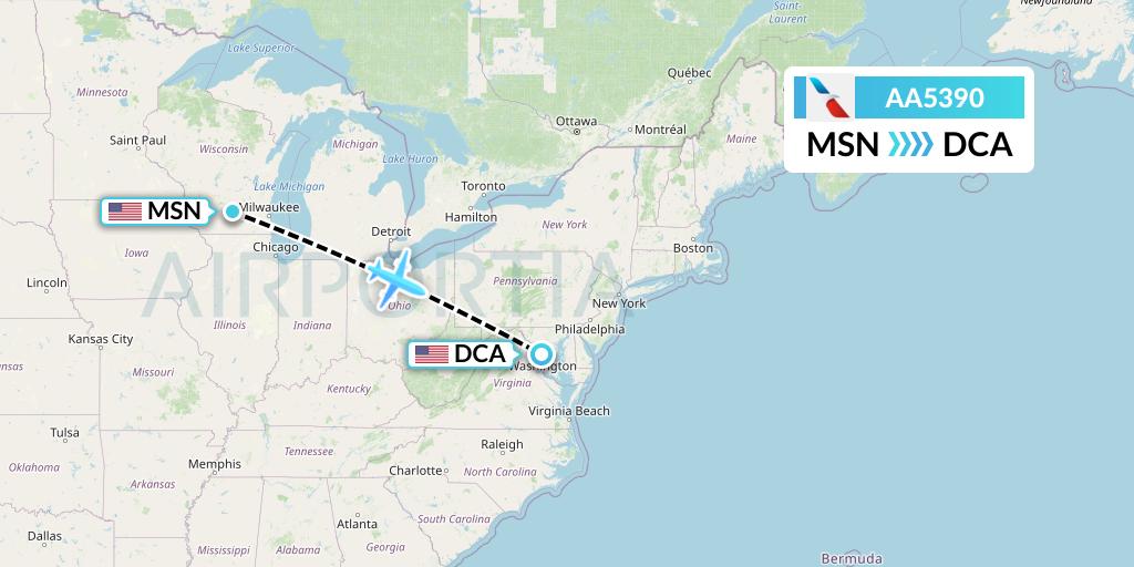 AA5390 American Airlines Flight Map: Madison to Washington
