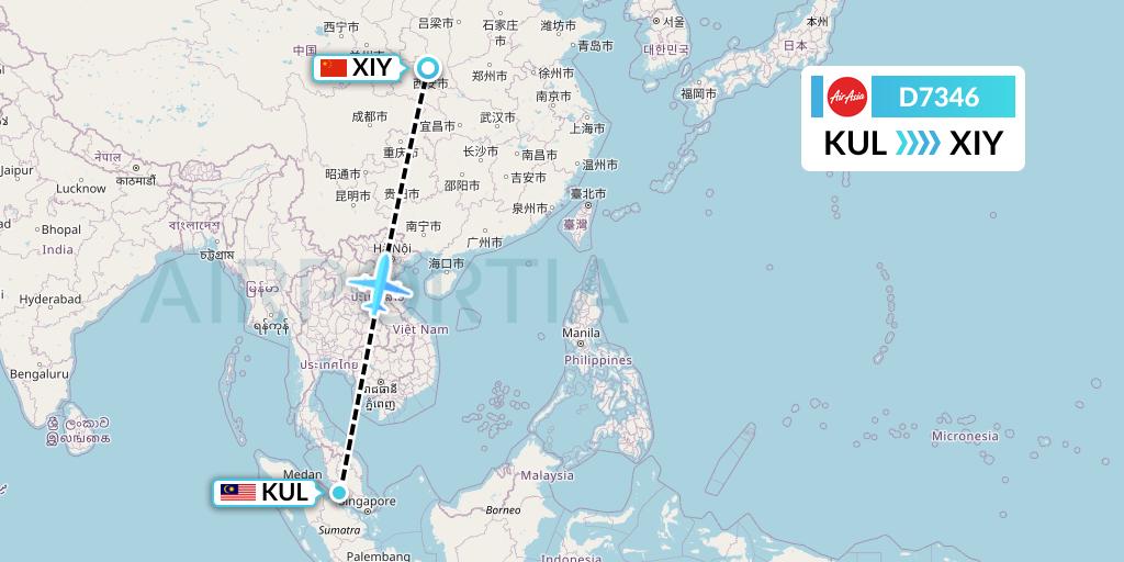 D7346 AirAsia X Flight Map: Kuala Lumpur to Xi'an