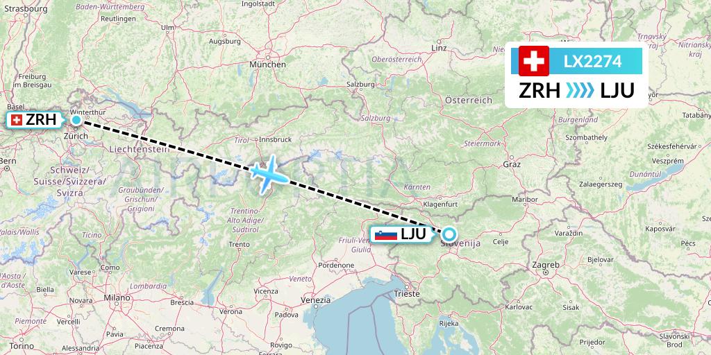 LX2274 Swiss Flight Map: Zurich to Ljubljana