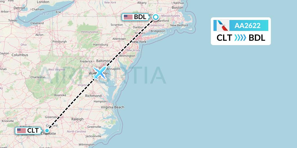 AA2622 American Airlines Flight Map: Charlotte to Windsor Locks
