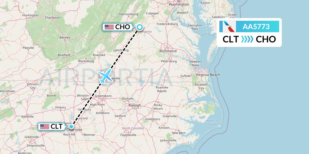 AA5773 American Airlines Flight Map: Charlotte to Charlottesville