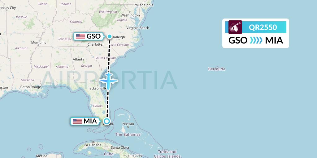 QR2550 Qatar Airways Flight Map: Greensboro to Miami