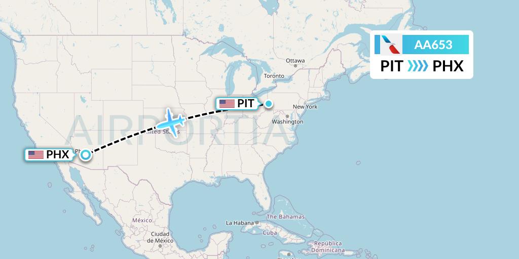 AA653 American Airlines Flight Map: Pittsburgh to Phoenix