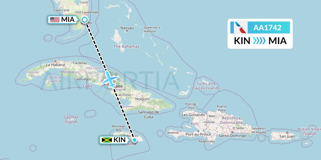 AA1742 American Airlines Flight Map: Kingston to Miami