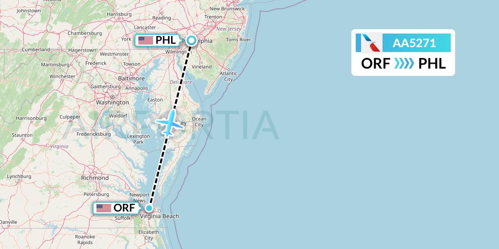 AA5271 American Airlines Flight Map: Norfolk to Philadelphia