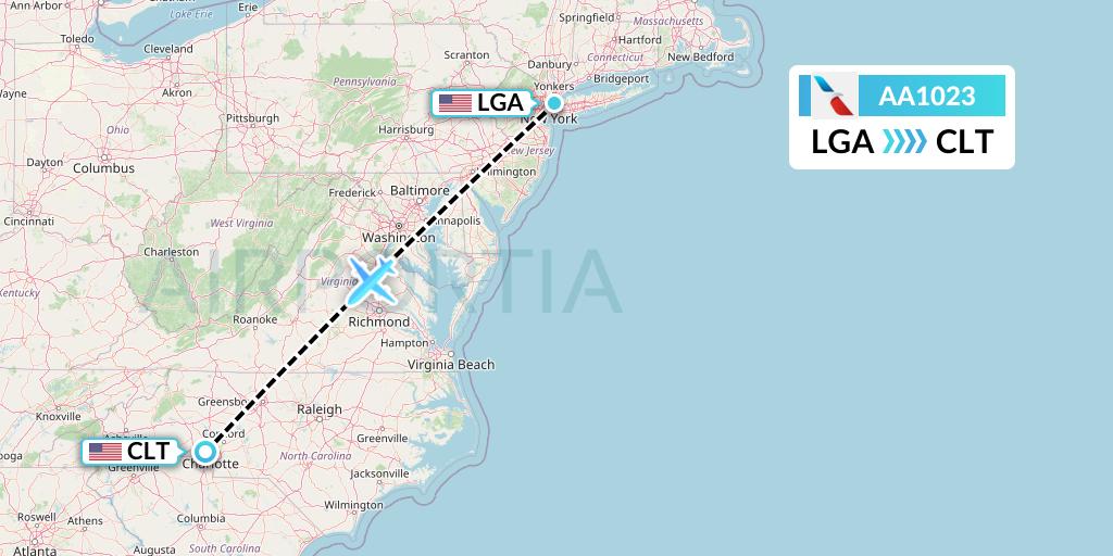 AA1023 American Airlines Flight Map: New York to Charlotte
