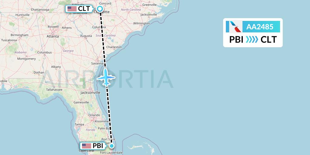 AA2485 American Airlines Flight Map: West Palm Beach to Charlotte