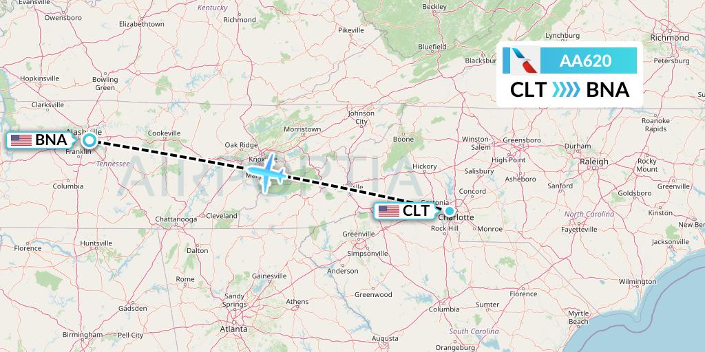 AA620 American Airlines Flight Map: Charlotte to Nashville