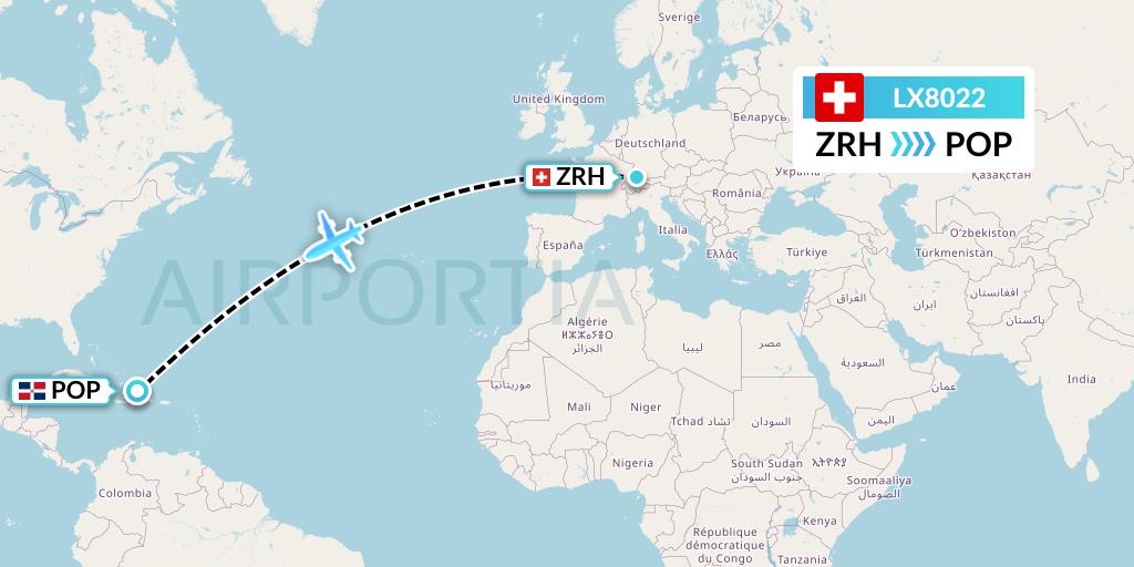 LX8022 Swiss Flight Map: Zurich to Puerto Plata