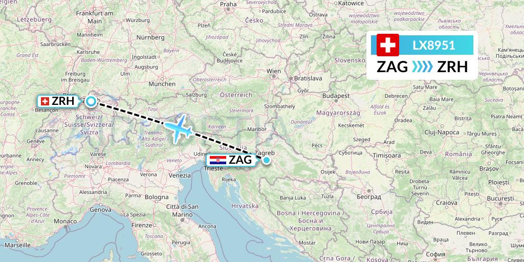 LX8951 Swiss Flight Map: Zagreb to Zurich