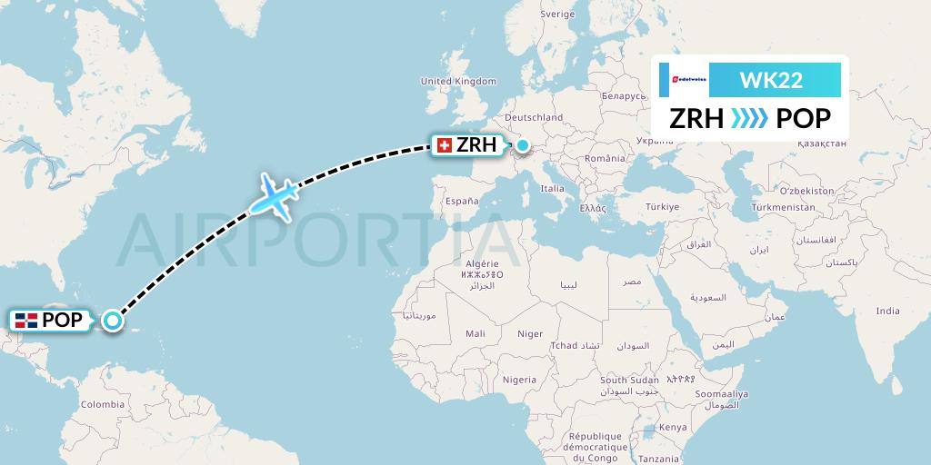 WK22 Edelweiss Air Flight Map: Zurich to Puerto Plata