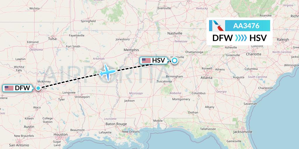 AA3476 American Airlines Flight Map: Dallas to Huntsville