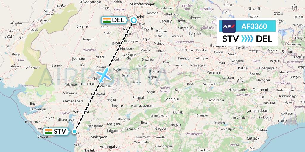AF3360 Air France Flight Map: Surat to Delhi