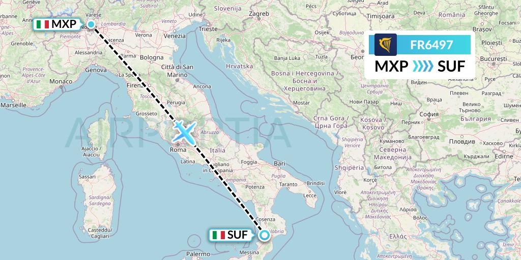 FR6497 Ryanair Flight Map: Milan to Lamezia Terme