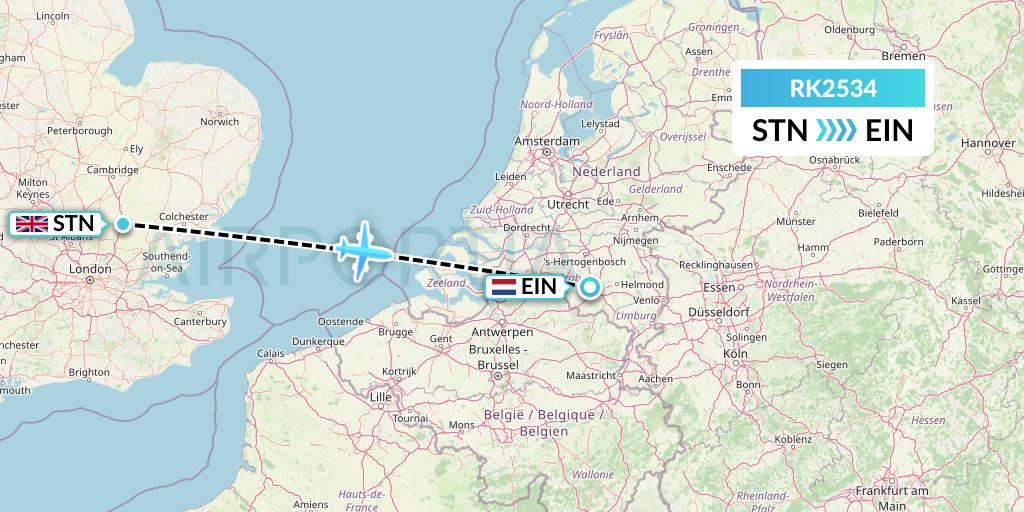RK2534 Ryanair UK Flight Map: London to Eindhoven