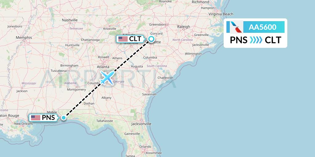 AA5600 American Airlines Flight Map: Pensacola to Charlotte
