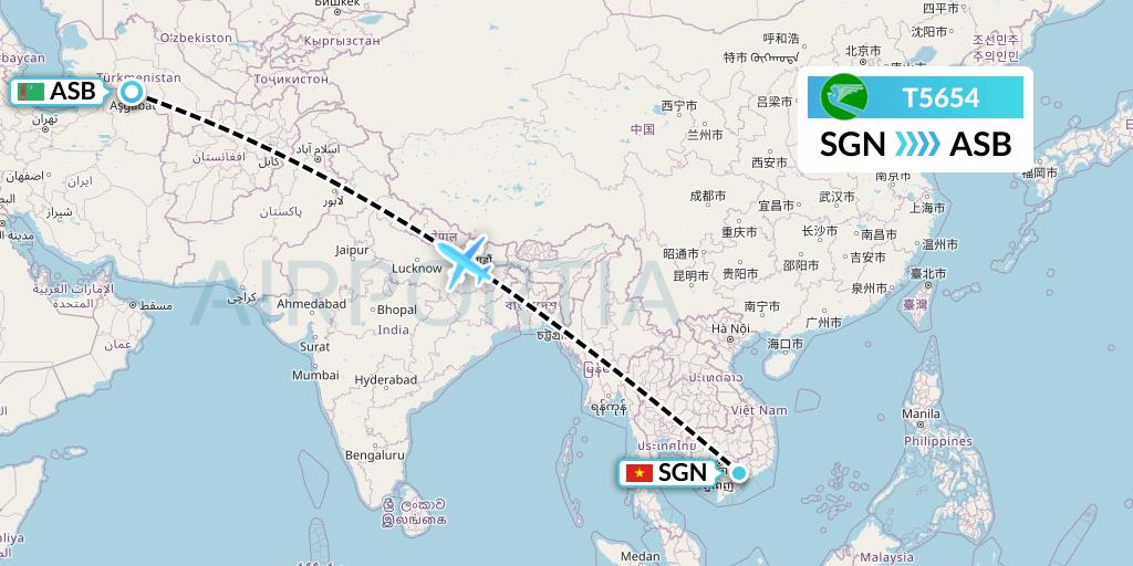T5654 Turkmenistan Airlines Flight Map: Ho Chi Minh City to Ashgabat