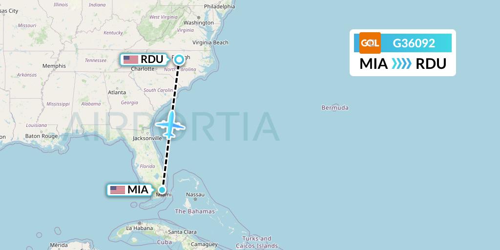 G36092 GOL Transportes Aeros Flight Map: Miami to Raleigh-Durham