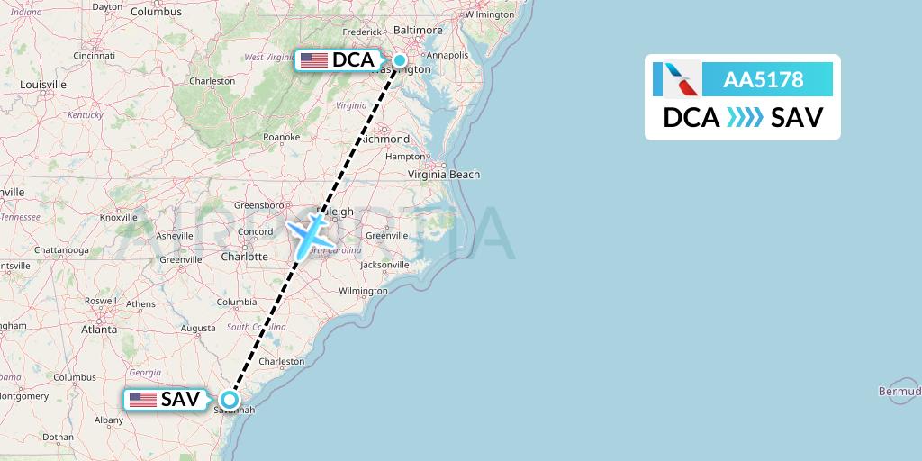 AA5178 American Airlines Flight Map: Washington to Savannah