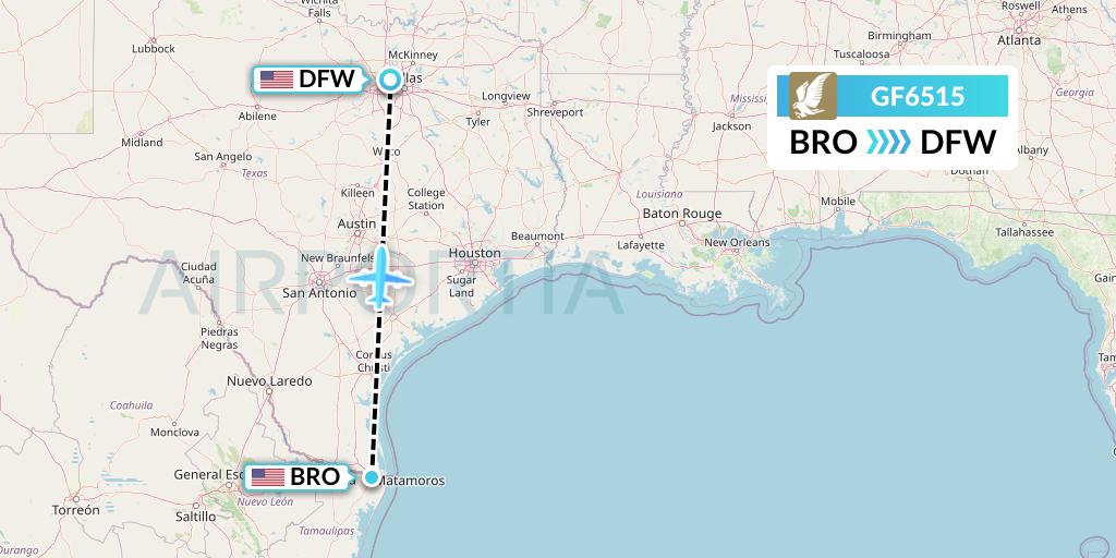 GF6515 Gulf Air Flight Map: Brownsville to Dallas
