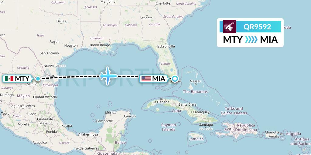 QR9592 Qatar Airways Flight Map: Monterrey to Miami