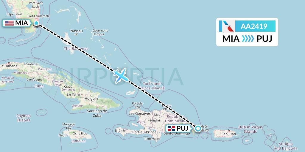 AA2419 American Airlines Flight Map: Miami to Punta Cana