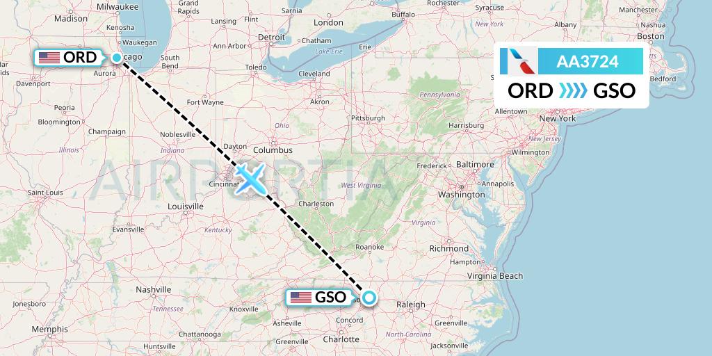 AA3724 American Airlines Flight Map: Chicago to Greensboro