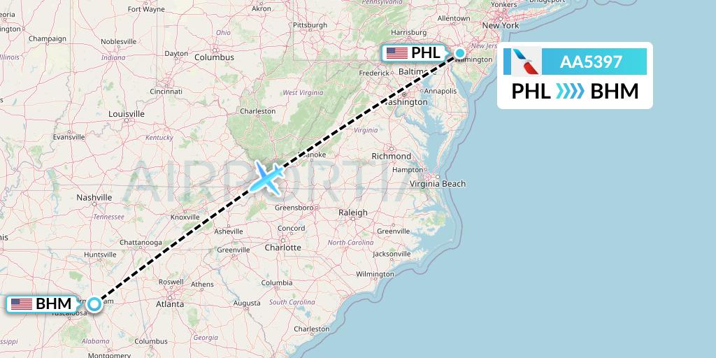 AA5397 American Airlines Flight Map: Philadelphia to Birmingham