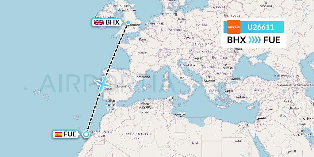 U26611 EasyJet Flight Map: Birmingham to Fuerteventura