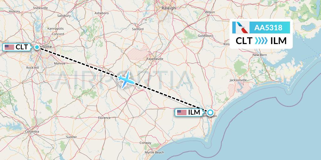 AA5318 American Airlines Flight Map: Charlotte to Wilmington