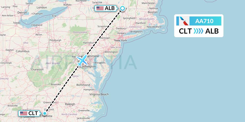 AA710 American Airlines Flight Map: Charlotte to Albany
