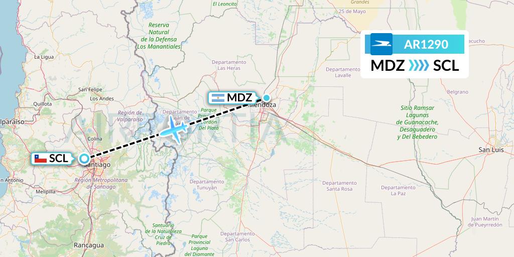 AR1290 Aerolineas Argentinas Flight Map: Mendoza to Santiago