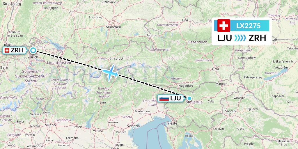 LX2275 Swiss Flight Map: Ljubljana to Zurich
