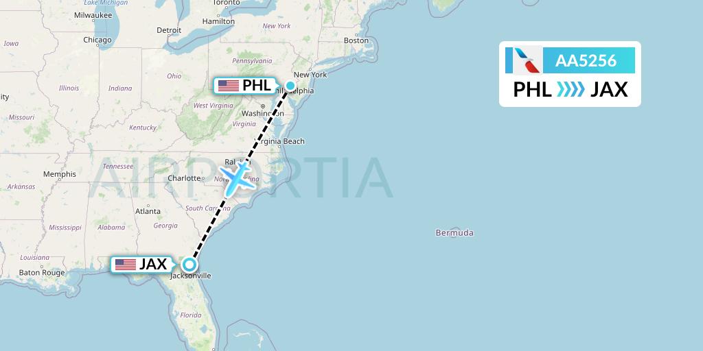 AA5256 American Airlines Flight Map: Philadelphia to Jacksonville