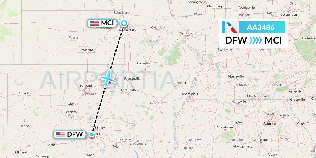 AA3486 American Airlines Flight Map: Dallas to Kansas City