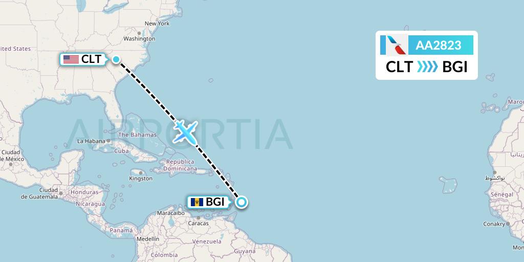 AA2823 American Airlines Flight Map: Charlotte to Bridgetown