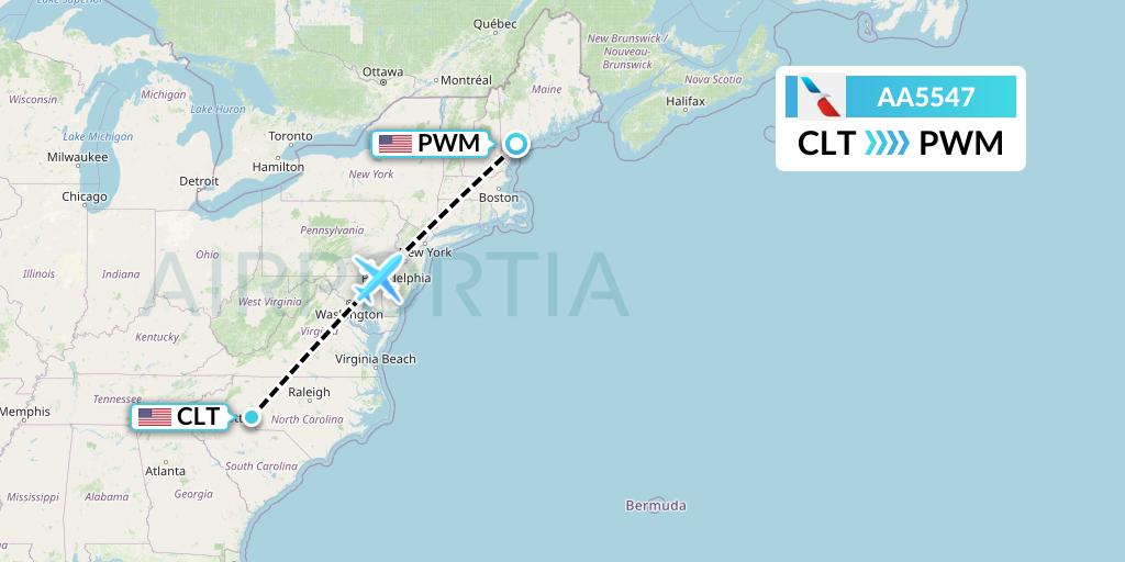 AA5547 American Airlines Flight Map: Charlotte to Portland