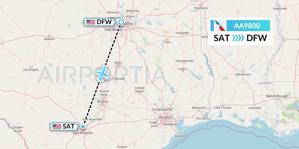 AA9800 American Airlines Flight Map: San Antonio to Dallas