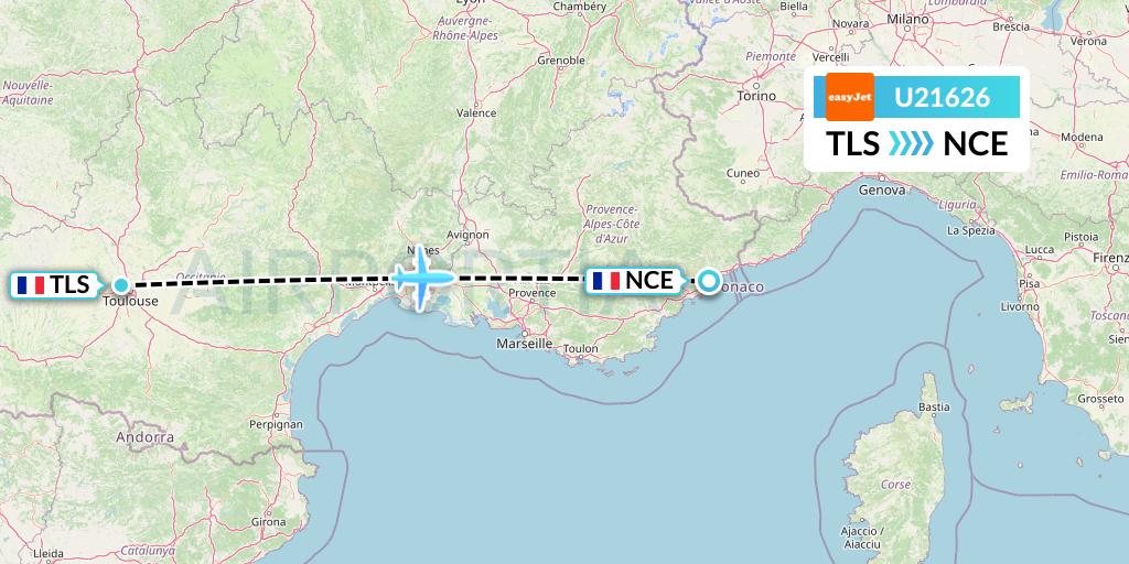 U21626 EasyJet Flight Map: Toulouse to Nice