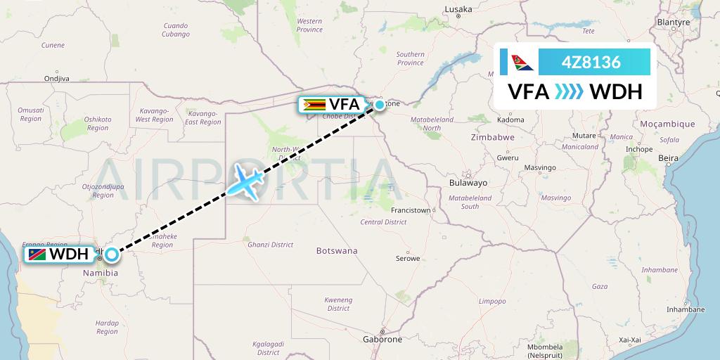4Z8136 Airlink Flight Map: Victoria Falls to Windhoek