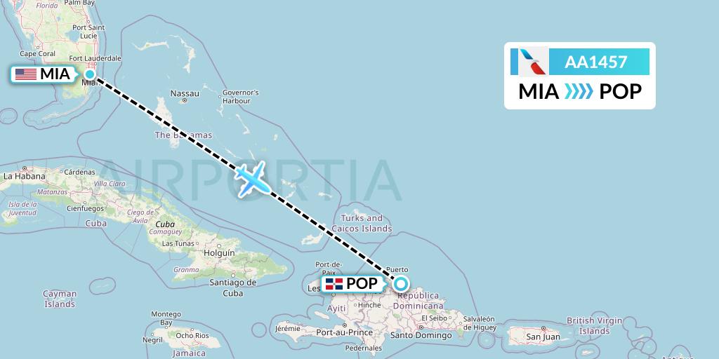 AA1457 American Airlines Flight Map: Miami to Puerto Plata