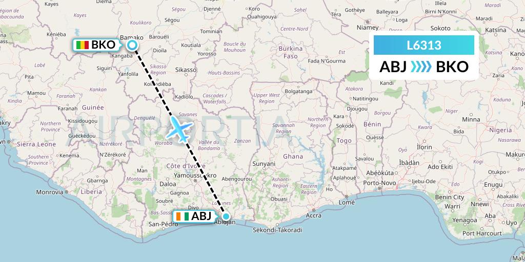 L6313 Mauritania Airlines International Flight Map: Abidjan to Bamako