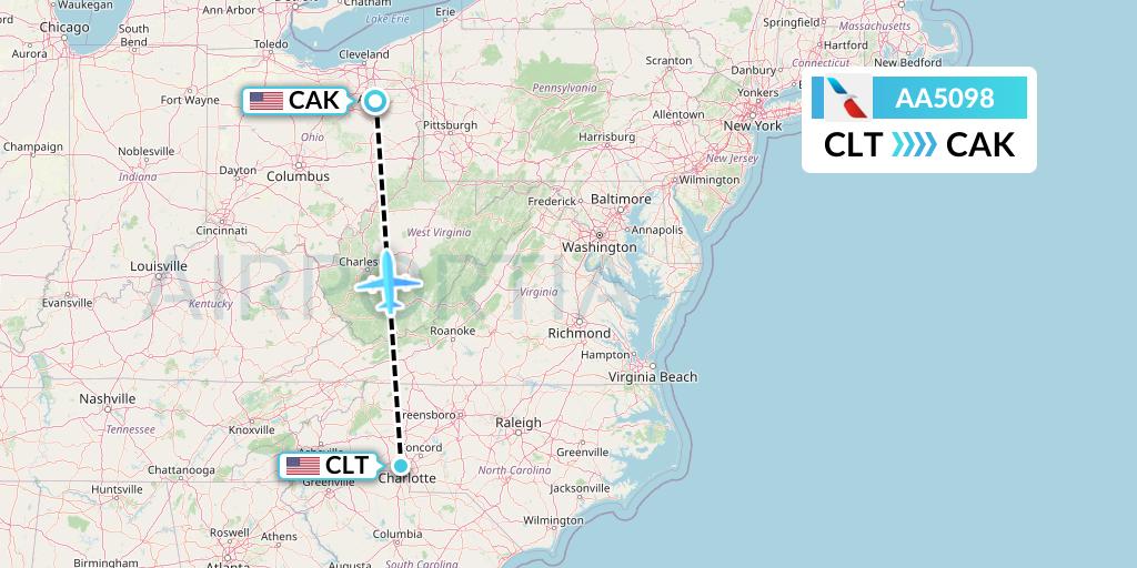 AA5098 American Airlines Flight Map: Charlotte to Akron