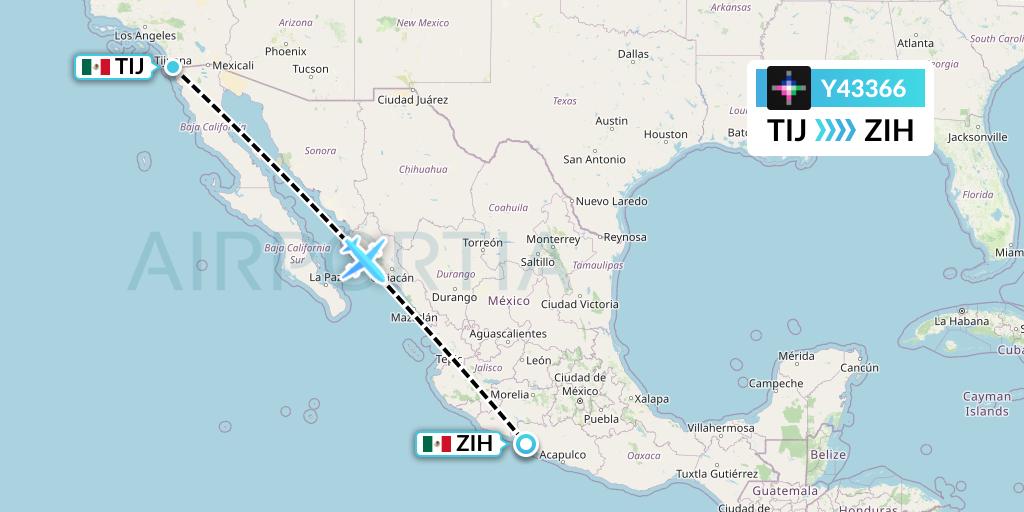 Y43366 Volaris Flight Map: Tijuana to Zihuatanejo